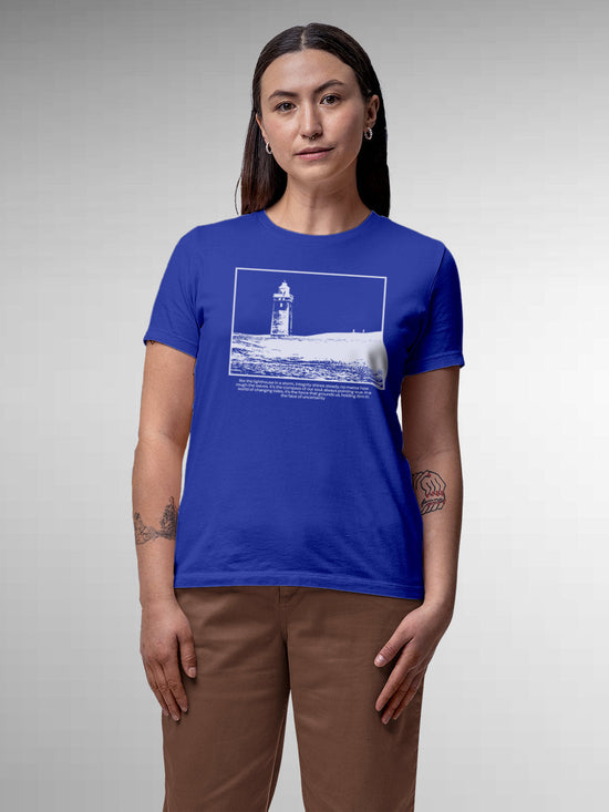 Fighterhero T-shirts: Model wearing Women's Blue Round Neck T-shirt with 'Show The Way' design