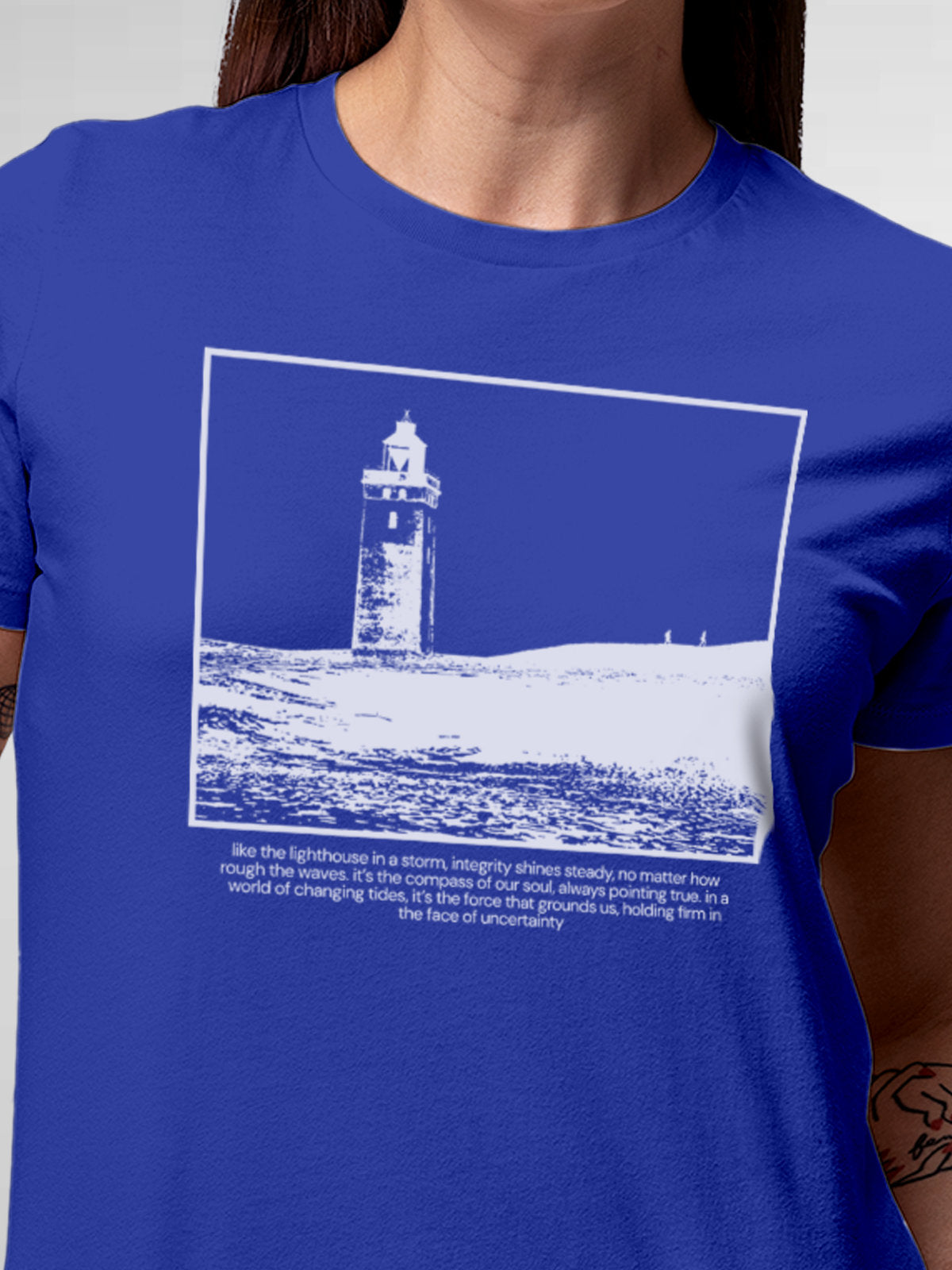 Close up of 'Show The Way' design on Women's Blue Round Neck T-shirt, highlighting intricate details and vibrant print.