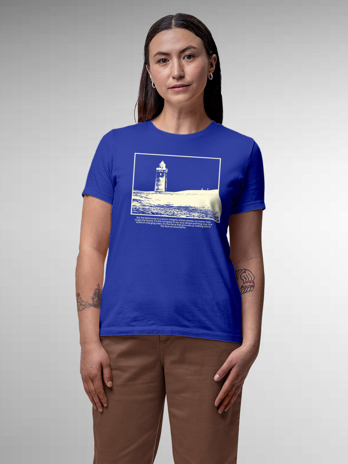 Model wearing Women's Blue Round Neck T-shirt with 'Show The Way' design, offering effortless style and premium comfort