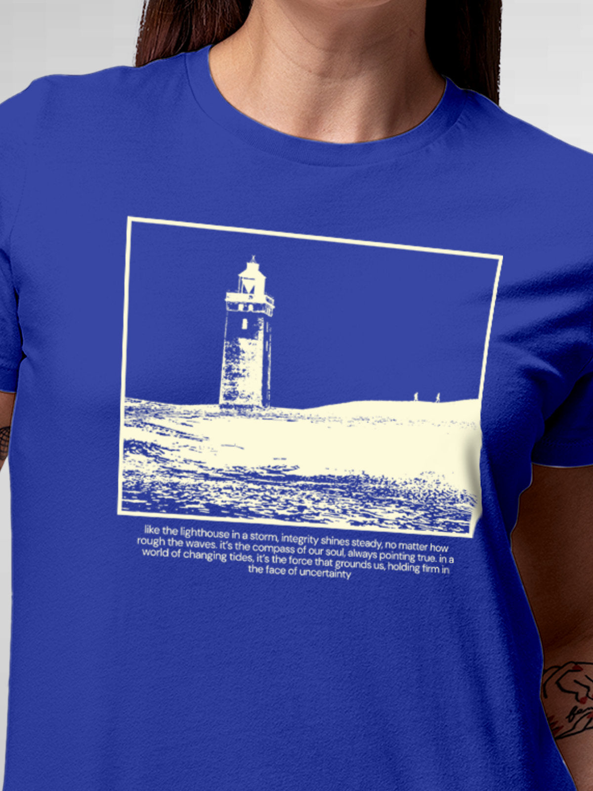 Close up of 'Show The Way' design on Women's Blue Round Neck T-shirt, highlighting intricate details and vibrant print.
