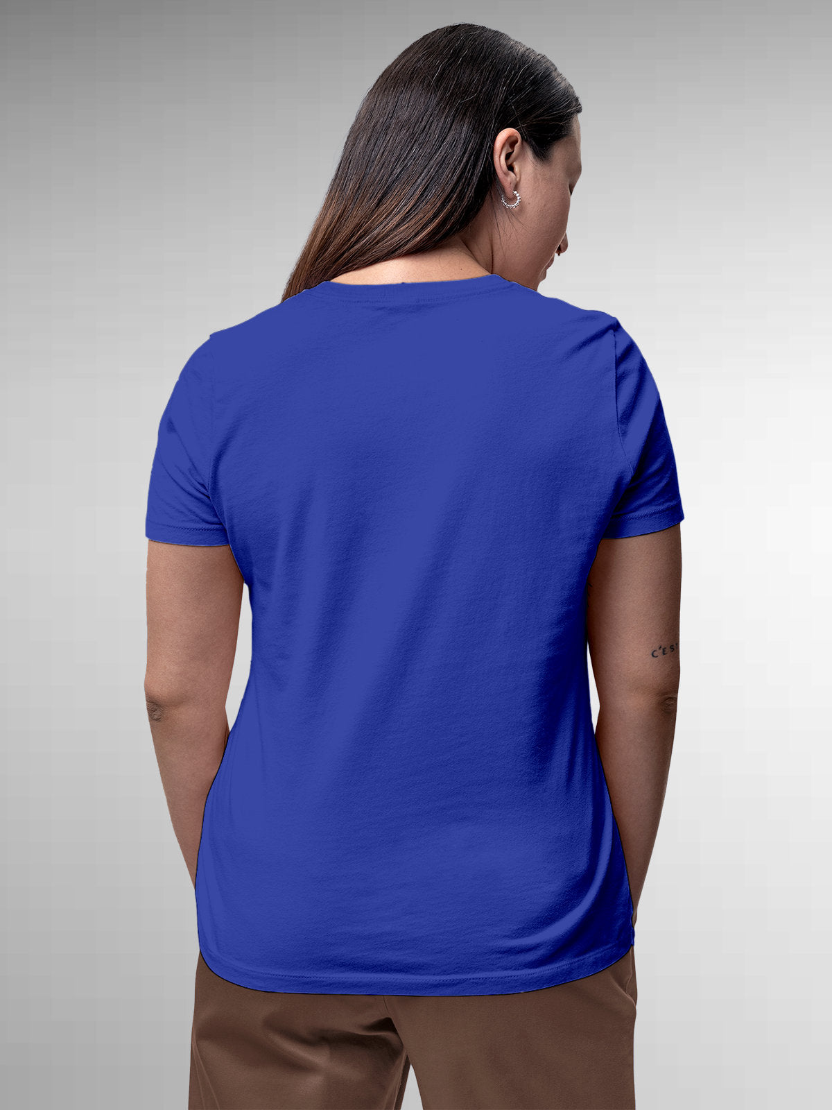 Back view of Fighterhero Women's Blue Round Neck T-shirt, highlighting the modern look and clean finish