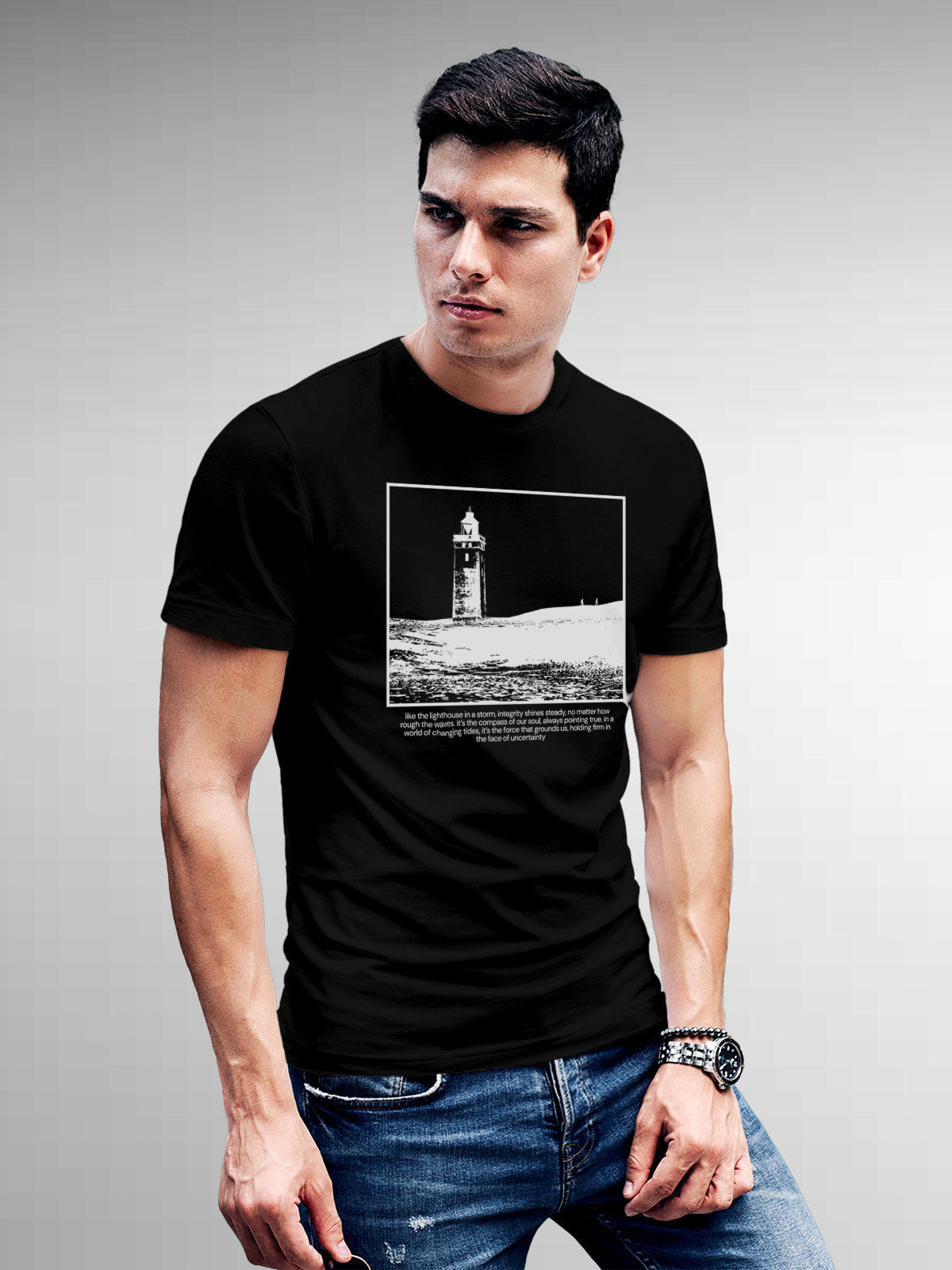 Model wearing Men's Black Round Neck T-shirt with 'Show The Way' design, offering effortless style and premium comfort