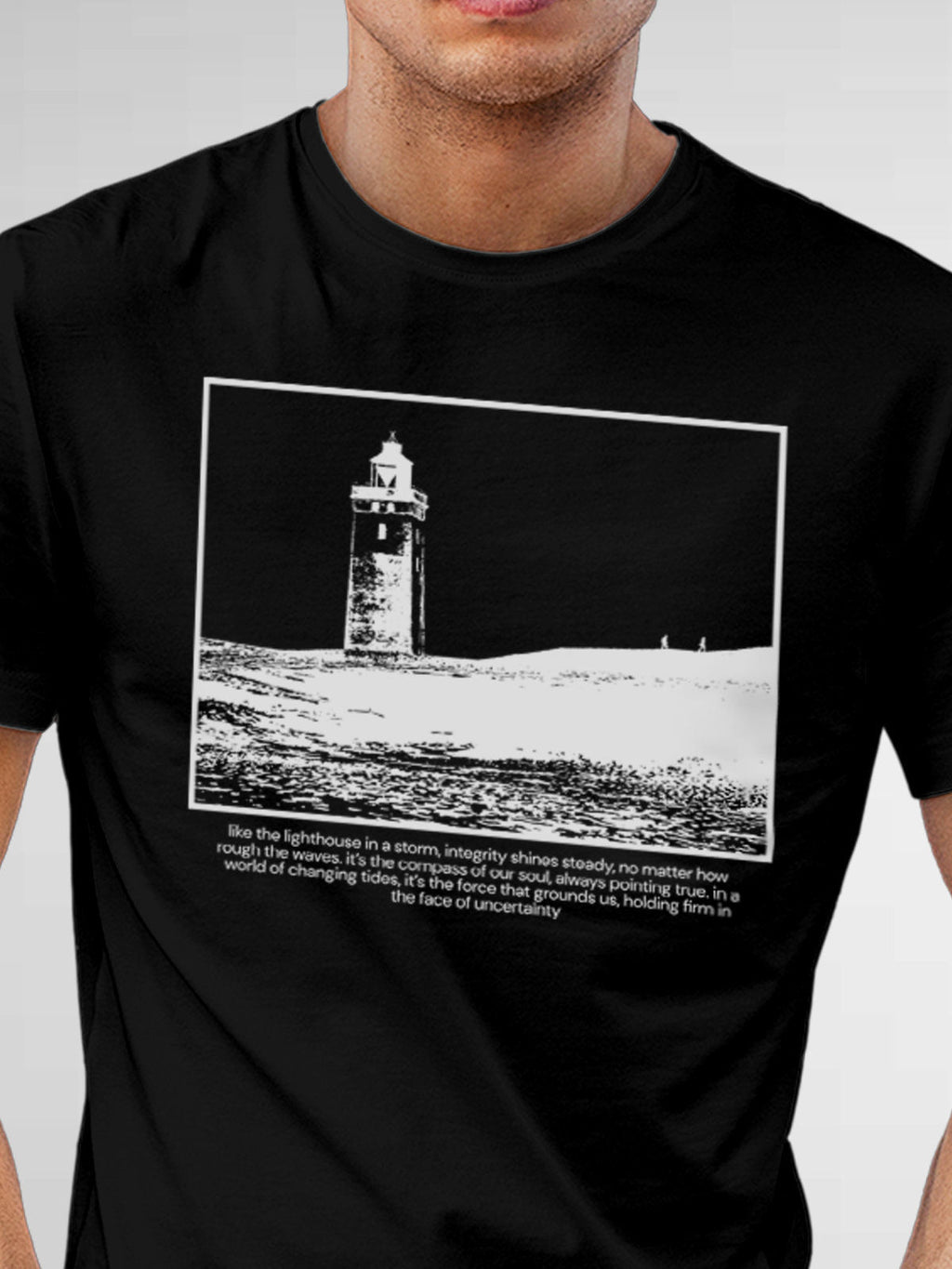 Close up of 'Show The Way' design on Men's Black Round Neck T-shirt, highlighting intricate details and vibrant print.