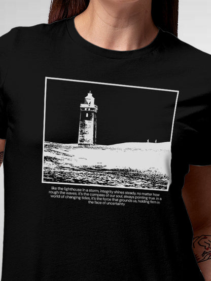 Close up of 'Show The Way' design on Women's Black Round Neck T-shirt, highlighting intricate details and vibrant print.