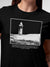 Close up of 'Show The Way' design on Women's Black Round Neck T-shirt, highlighting intricate details and vibrant print.