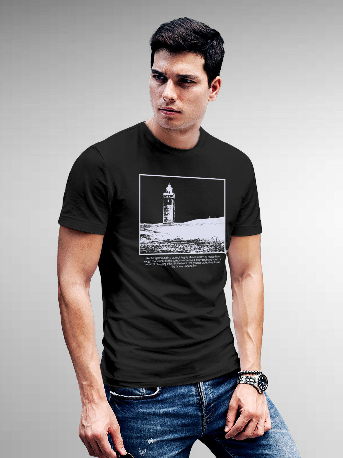 Model wearing Men's Dark Grey Round Neck T-shirt with 'Show The Way' design, offering effortless style and premium comfort