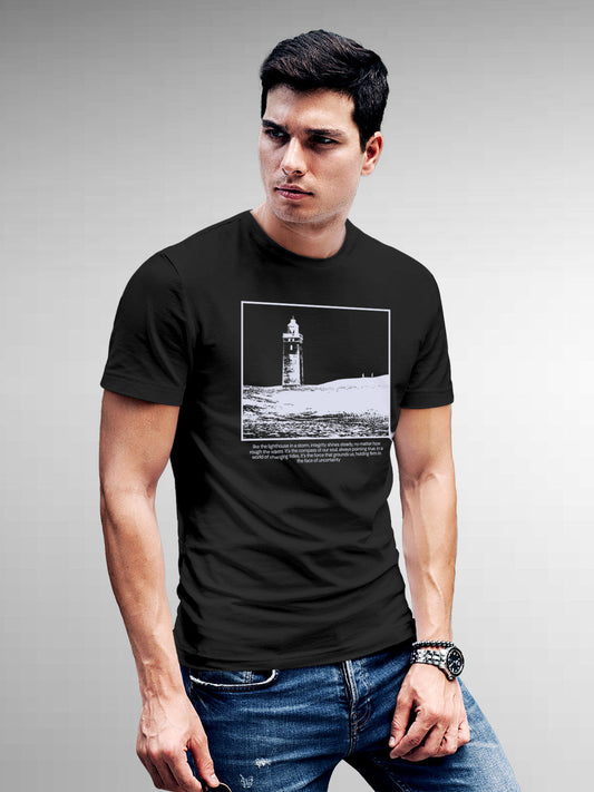Model wearing Men's Dark Grey Round Neck T-shirt with 'Show The Way' design, offering effortless style and premium comfort