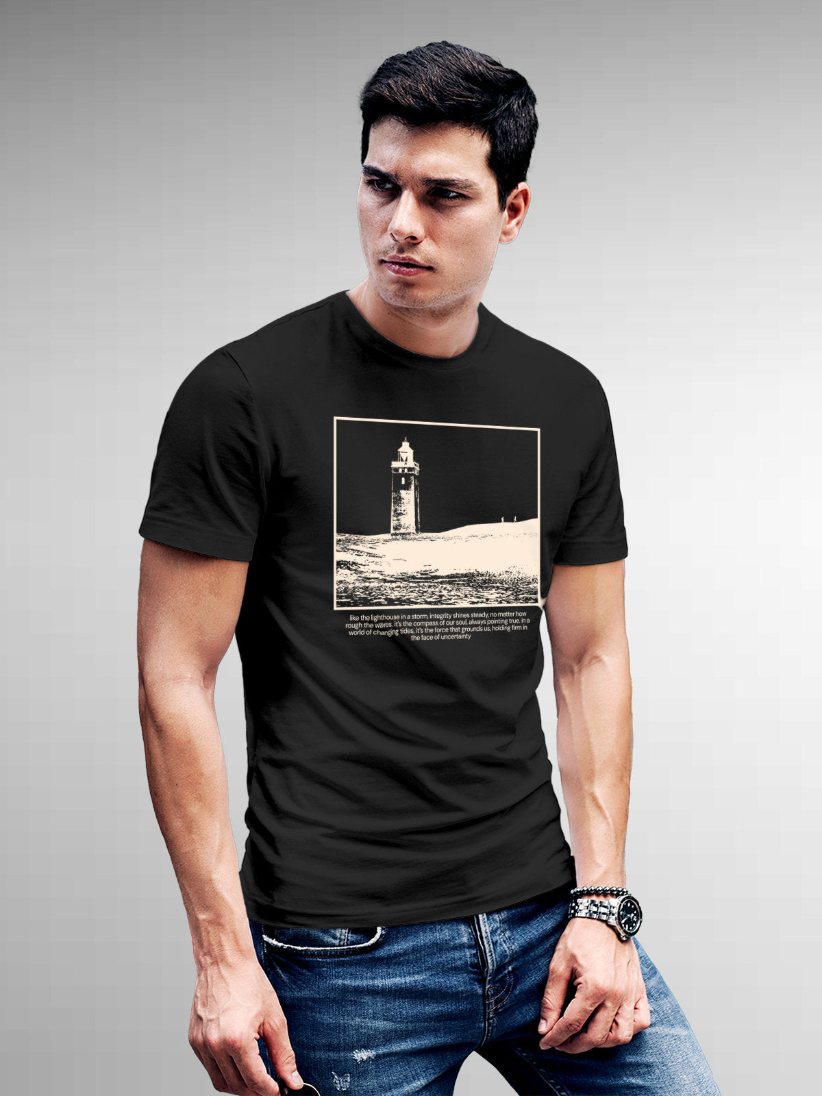 Model wearing Men's Dark Grey Round Neck T-shirt with 'Show The Way' design, offering effortless style and premium comfort