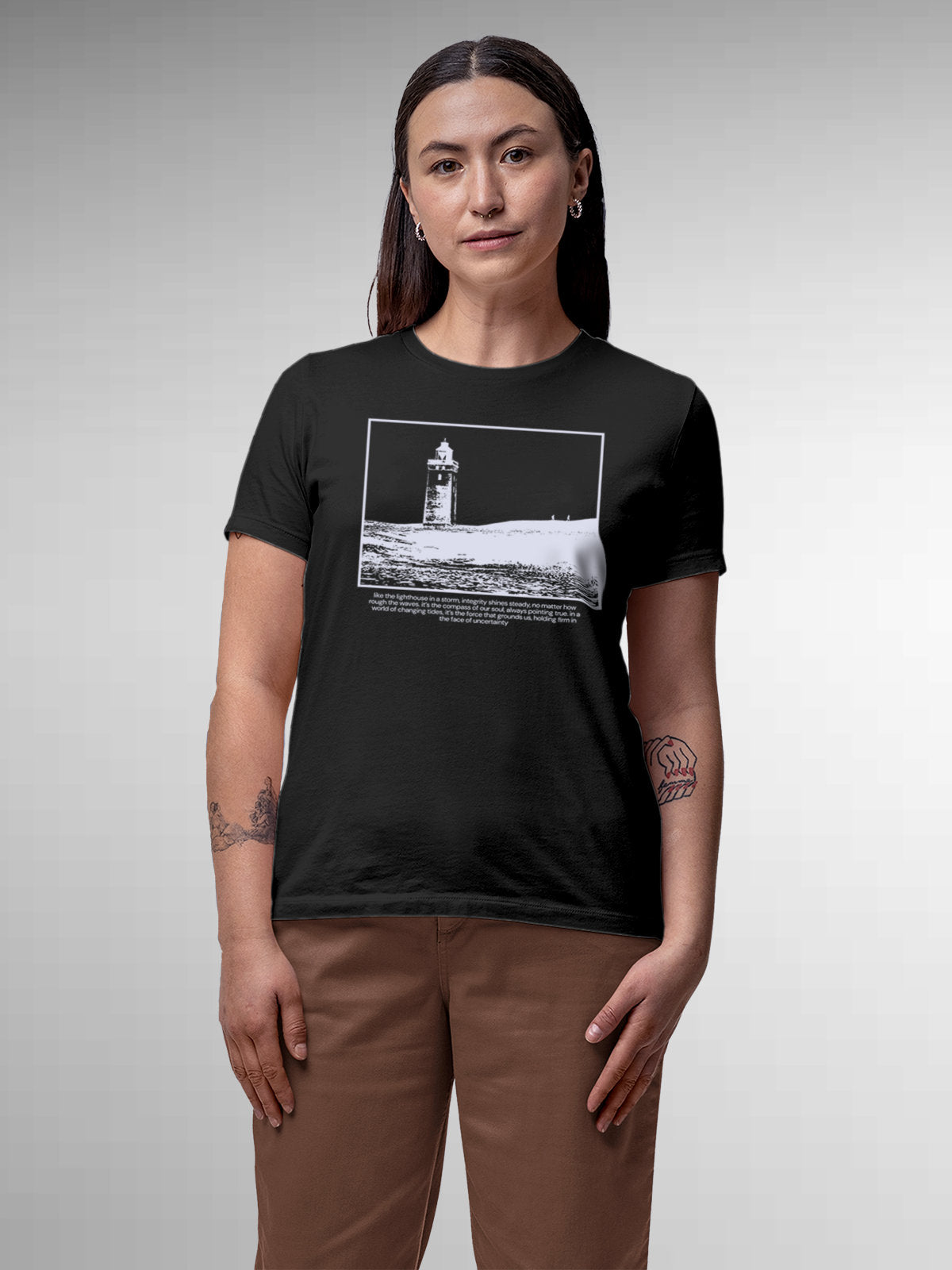 Model wearing Women's Dark Grey Round Neck T-shirt with 'Show The Way' design, offering effortless style and premium comfort