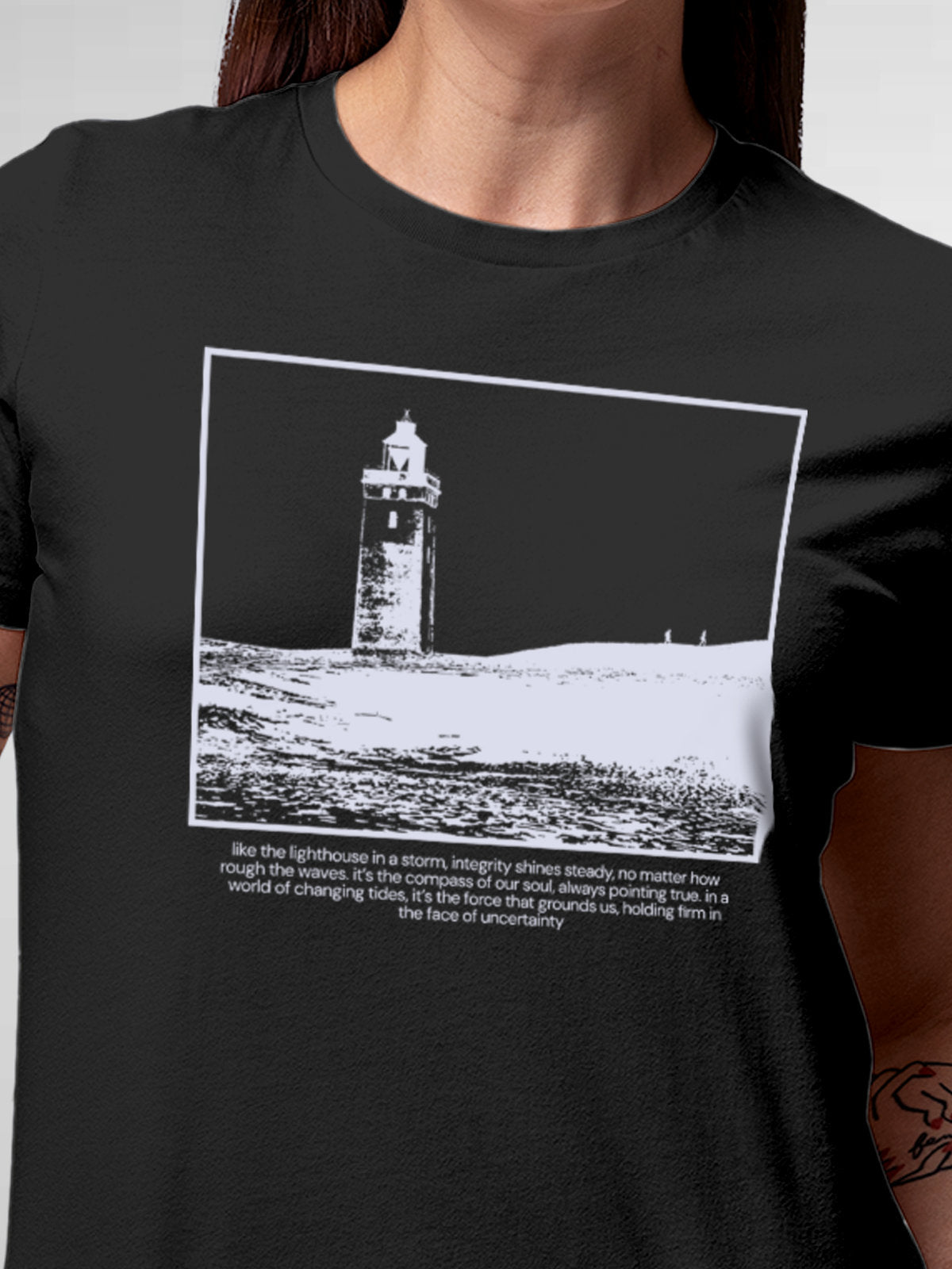 Close up of 'Show The Way' design on Women's Dark Grey Round Neck T-shirt, highlighting intricate details and vibrant print.