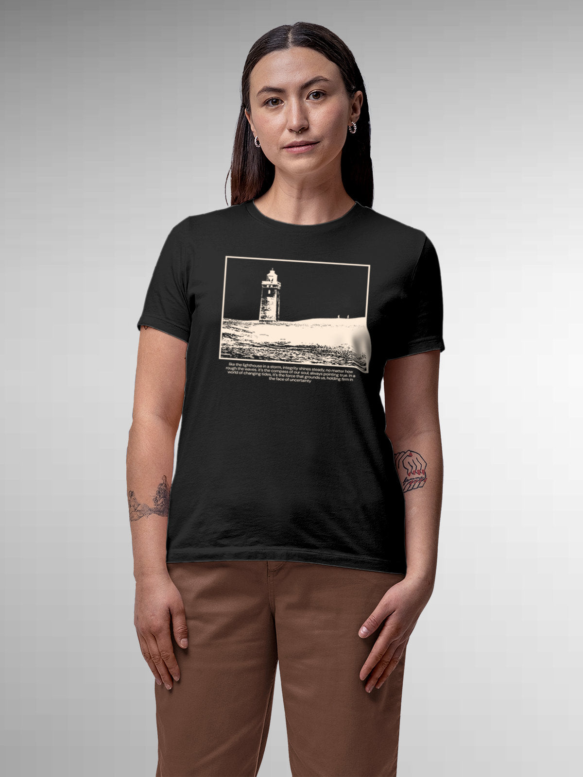 Model wearing Women's Dark Grey Round Neck T-shirt with 'Show The Way' design, offering effortless style and premium comfort