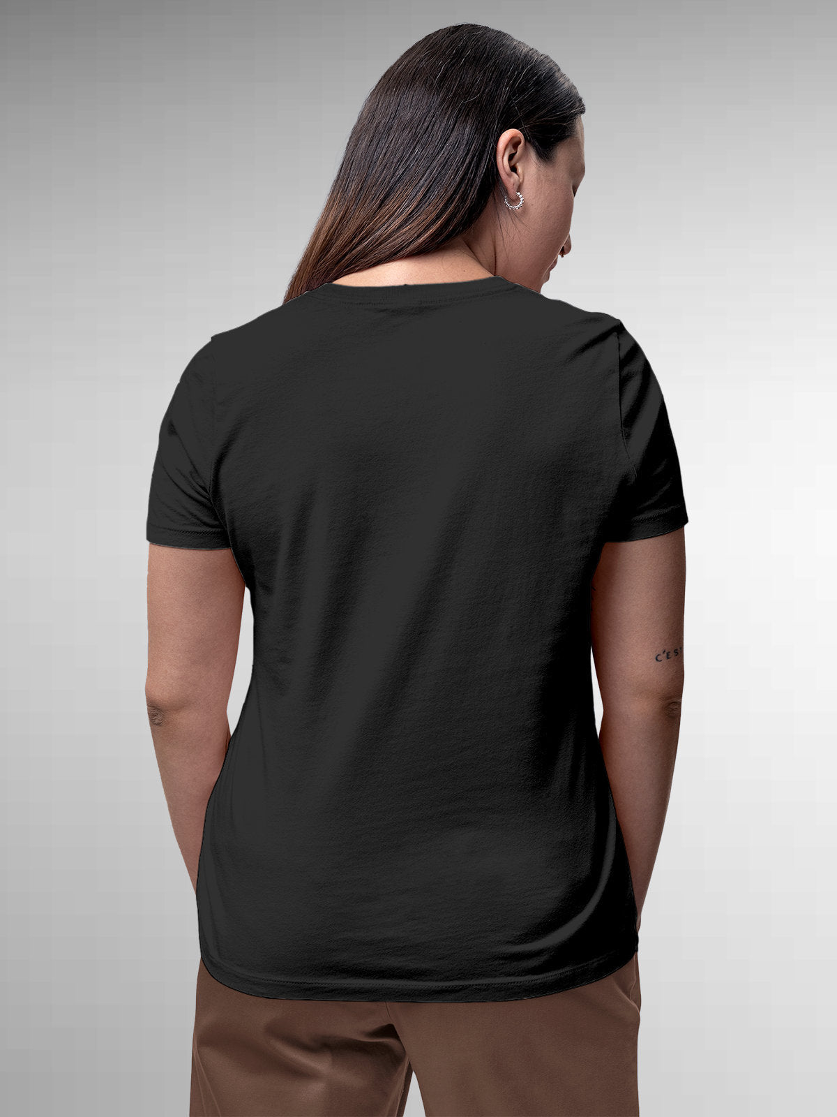Back view of Fighterhero Women's Dark Grey Round Neck T-shirt, highlighting the modern look and clean finish