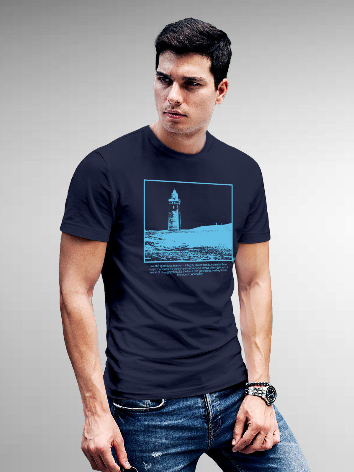 Model wearing Men's Navy Blue Round Neck T-shirt with 'Show The Way' design, offering effortless style and premium comfort