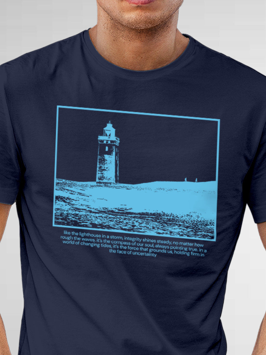 Close up of 'Show The Way' design on Men's Navy Blue Round Neck T-shirt, highlighting intricate details and vibrant print.