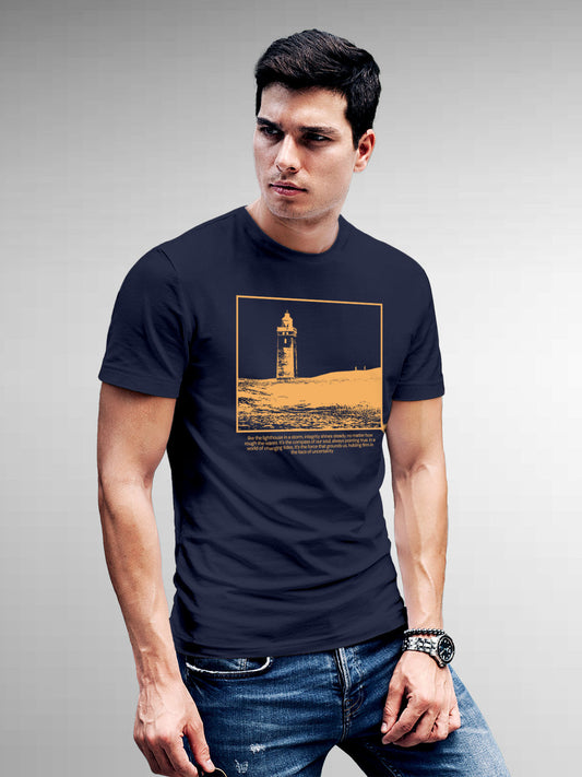Fighterhero T-shirts: Model wearing Men's Navy Blue Round Neck T-shirt with 'Show The Way' design