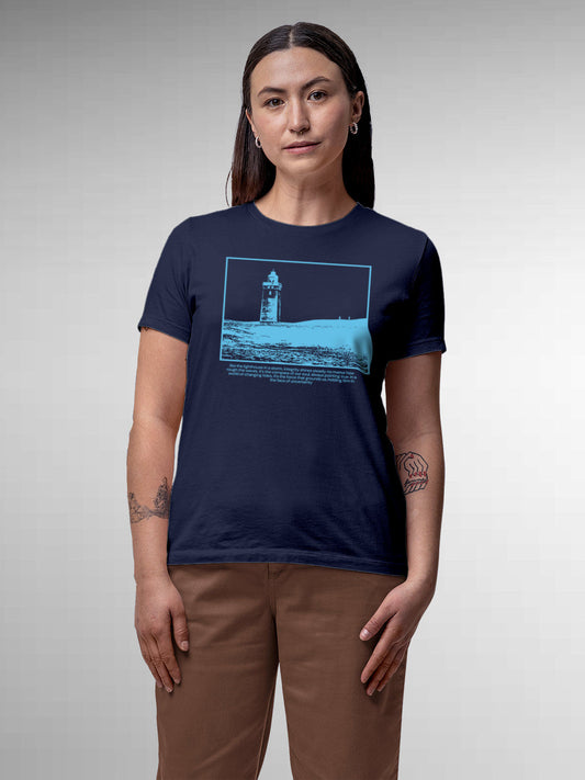 Model wearing Women's Navy Blue Round Neck T-shirt with 'Show The Way' design, offering effortless style and premium comfort