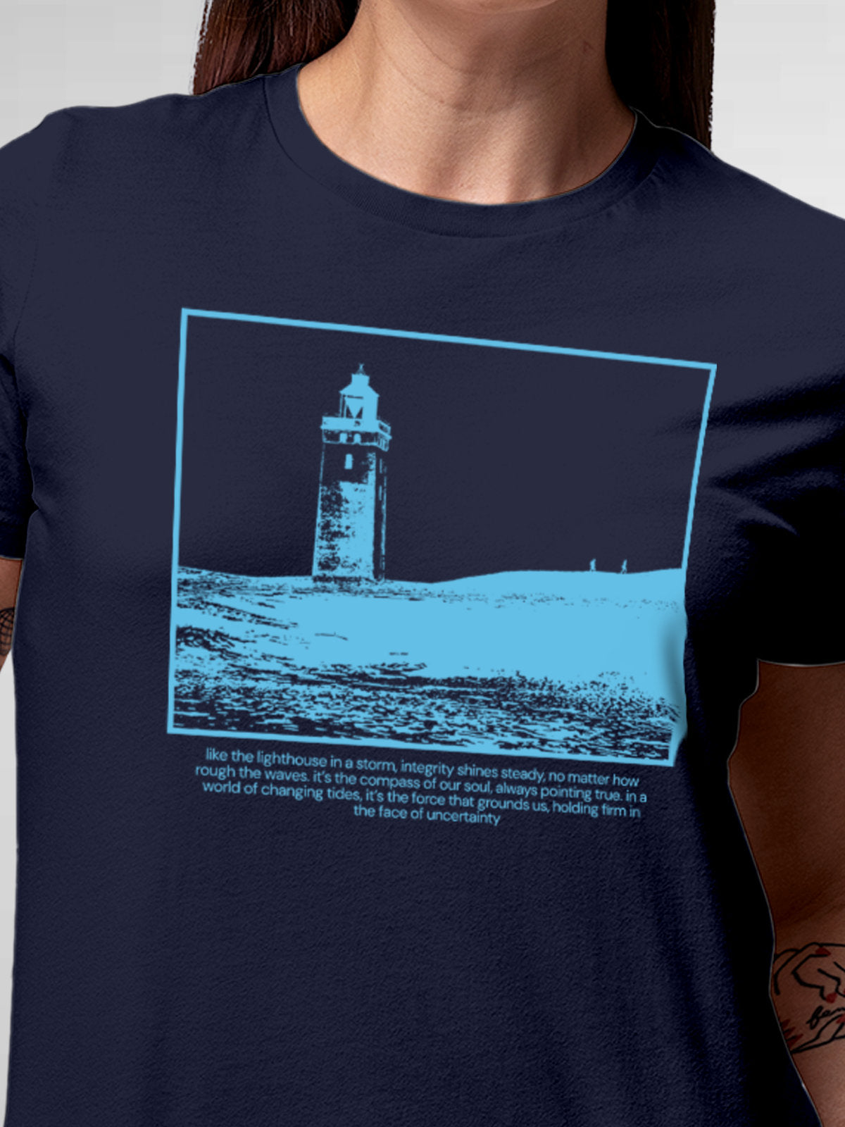 Close up of 'Show The Way' design on Women's Navy Blue Round Neck T-shirt, highlighting intricate details and vibrant print.