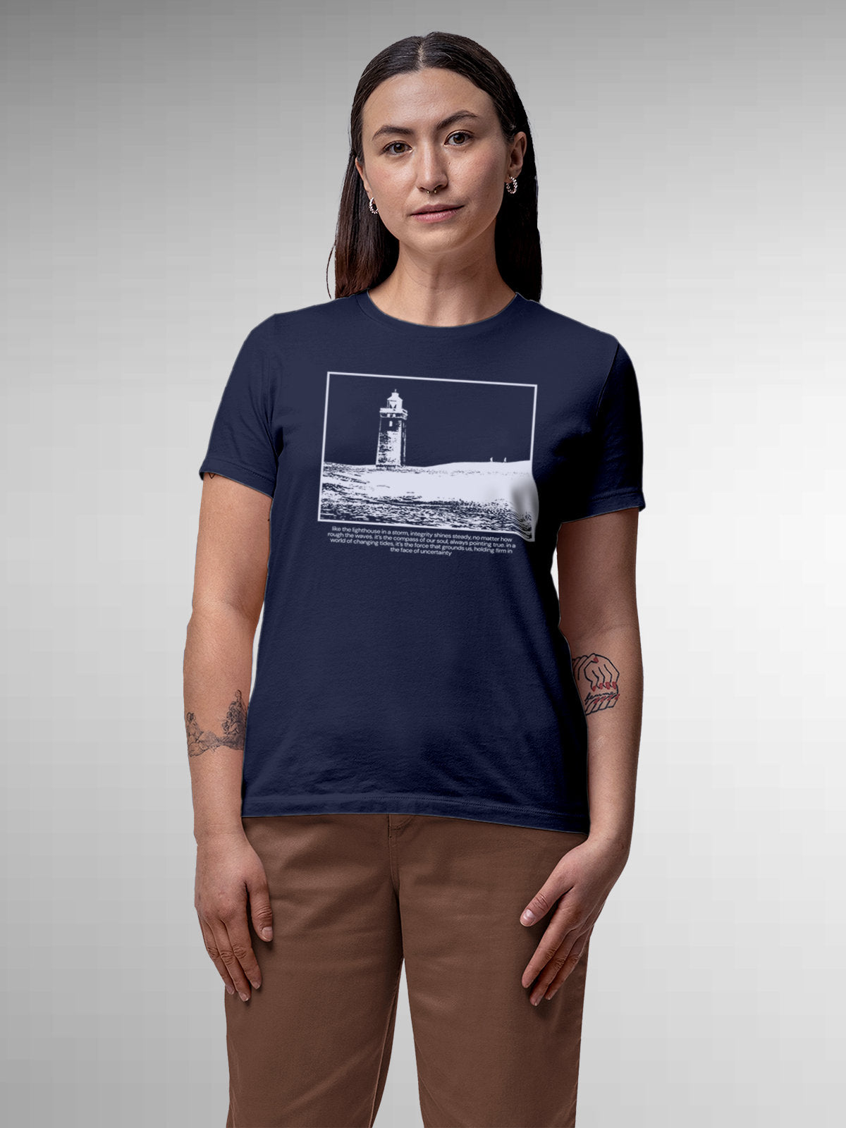 Model wearing Women's Navy Blue Round Neck T-shirt with 'Show The Way' design, offering effortless style and premium comfort