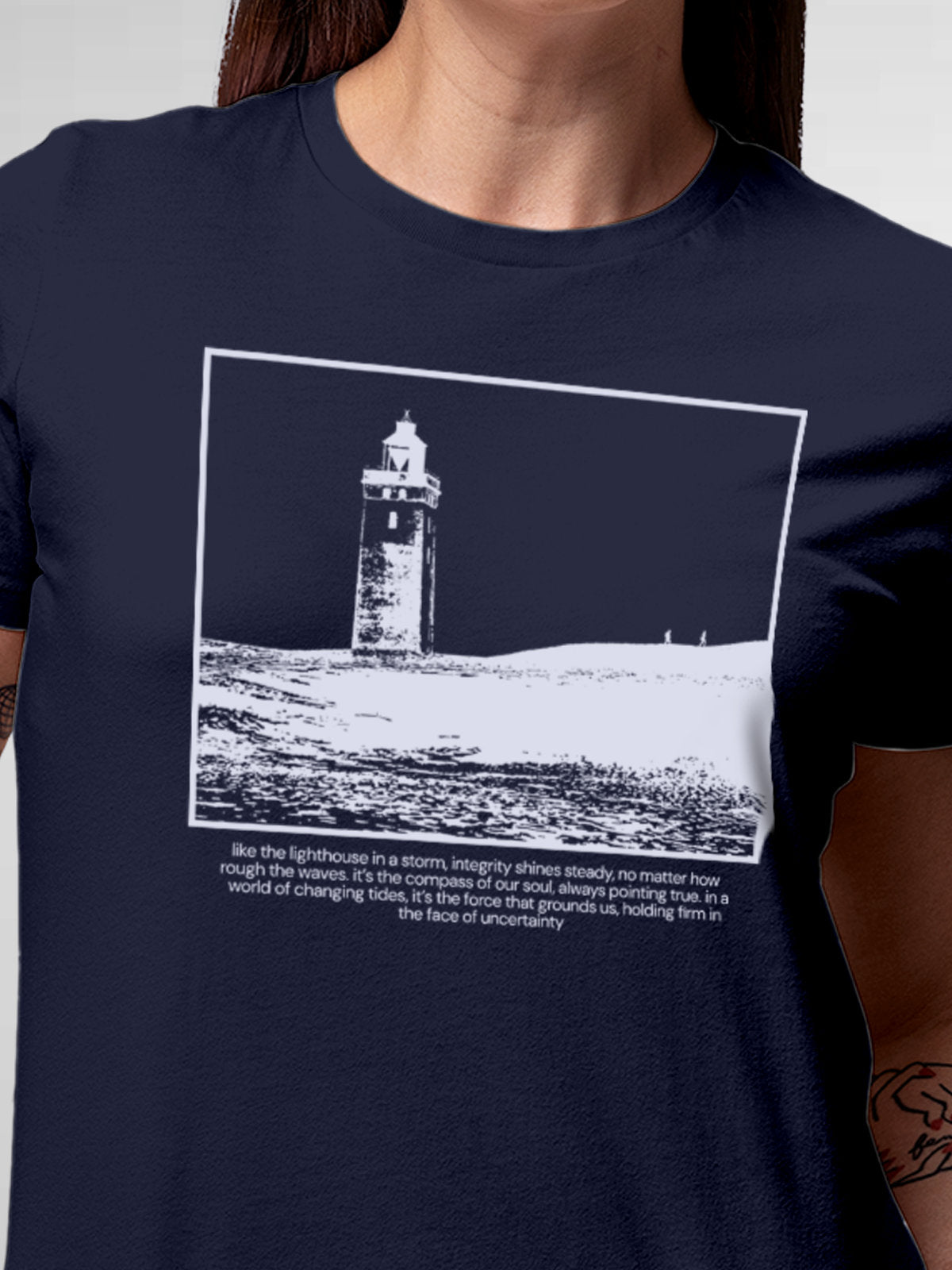 Close up of 'Show The Way' design on Women's Navy Blue Round Neck T-shirt, highlighting intricate details and vibrant print.
