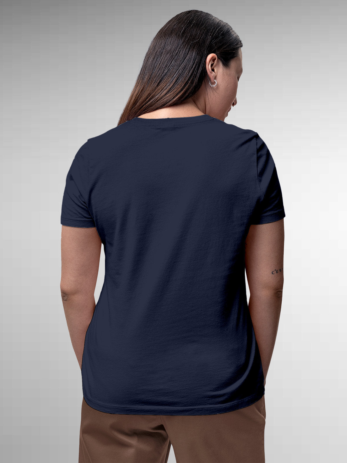 Back view of Fighterhero Women's Navy Blue Round Neck T-shirt, highlighting the modern look and clean finish