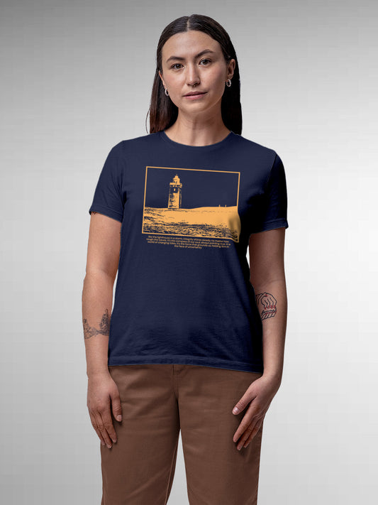 Fighterhero T-shirts: Model wearing Women's Navy Blue Round Neck T-shirt with 'Show The Way' design