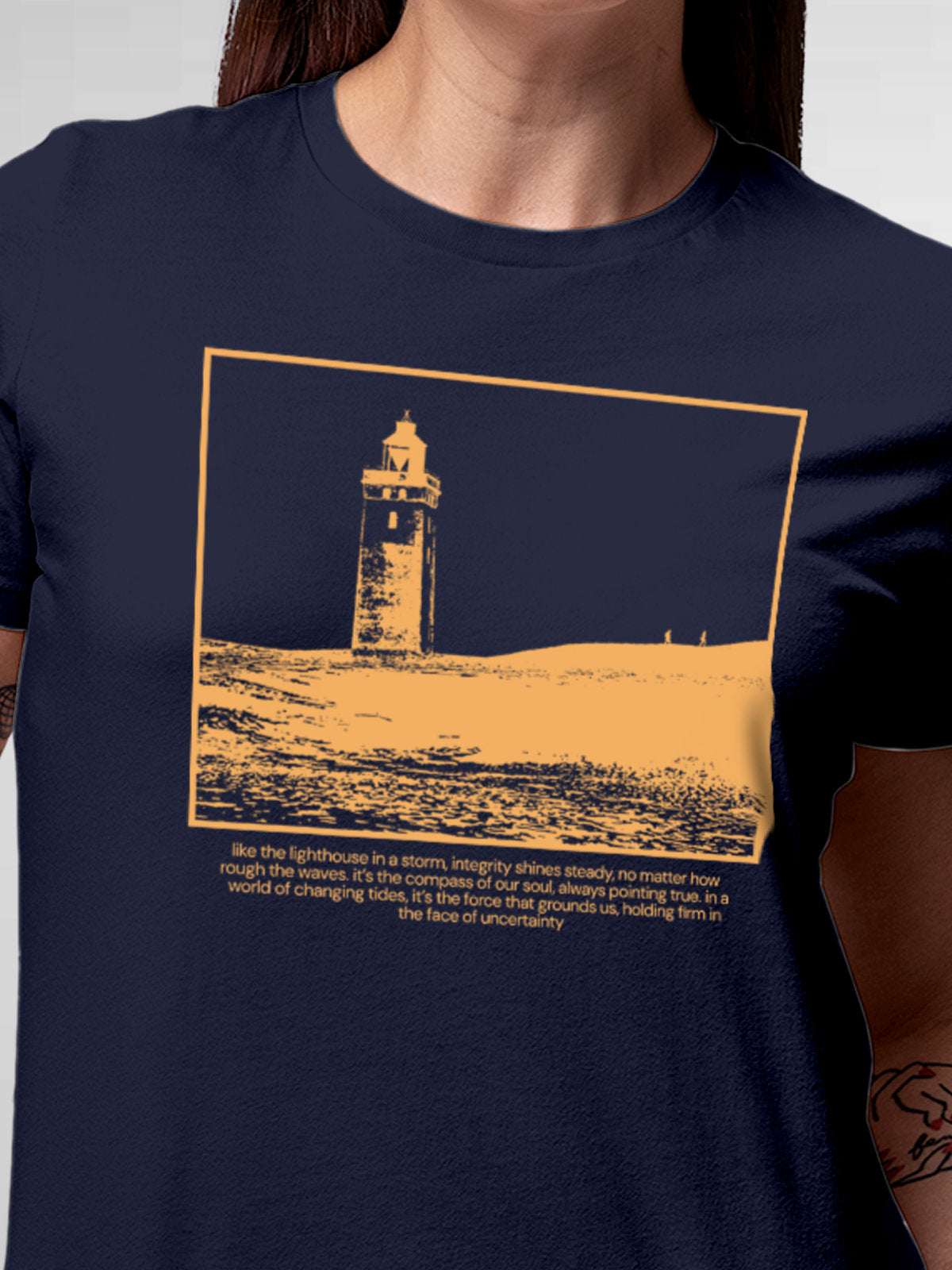 Close up of 'Show The Way' design on Women's Navy Blue Round Neck T-shirt, highlighting intricate details and vibrant print.
