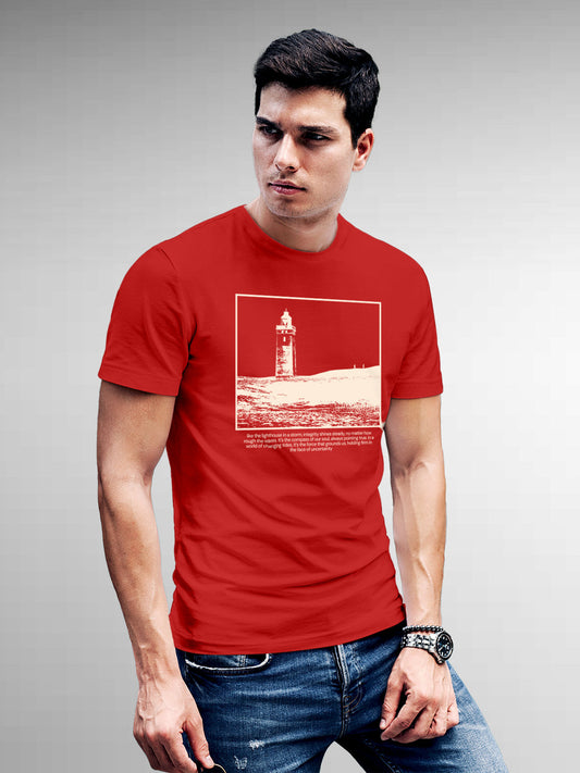 Fighterhero T-shirts: Model wearing Men's Red Round Neck T-shirt with 'Show The Way' design