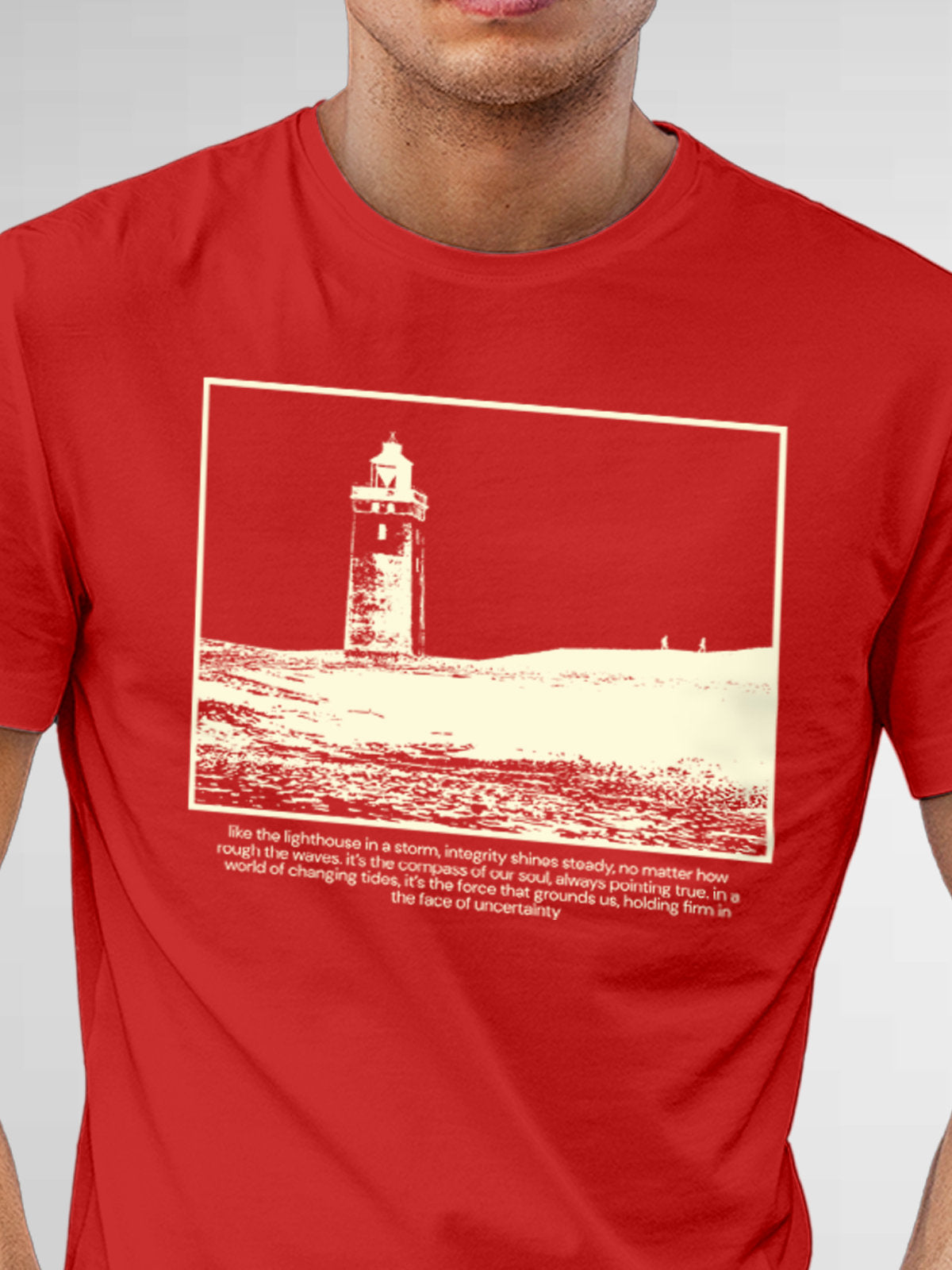 Close up of 'Show The Way' design on Men's Red Round Neck T-shirt, highlighting intricate details and vibrant print.