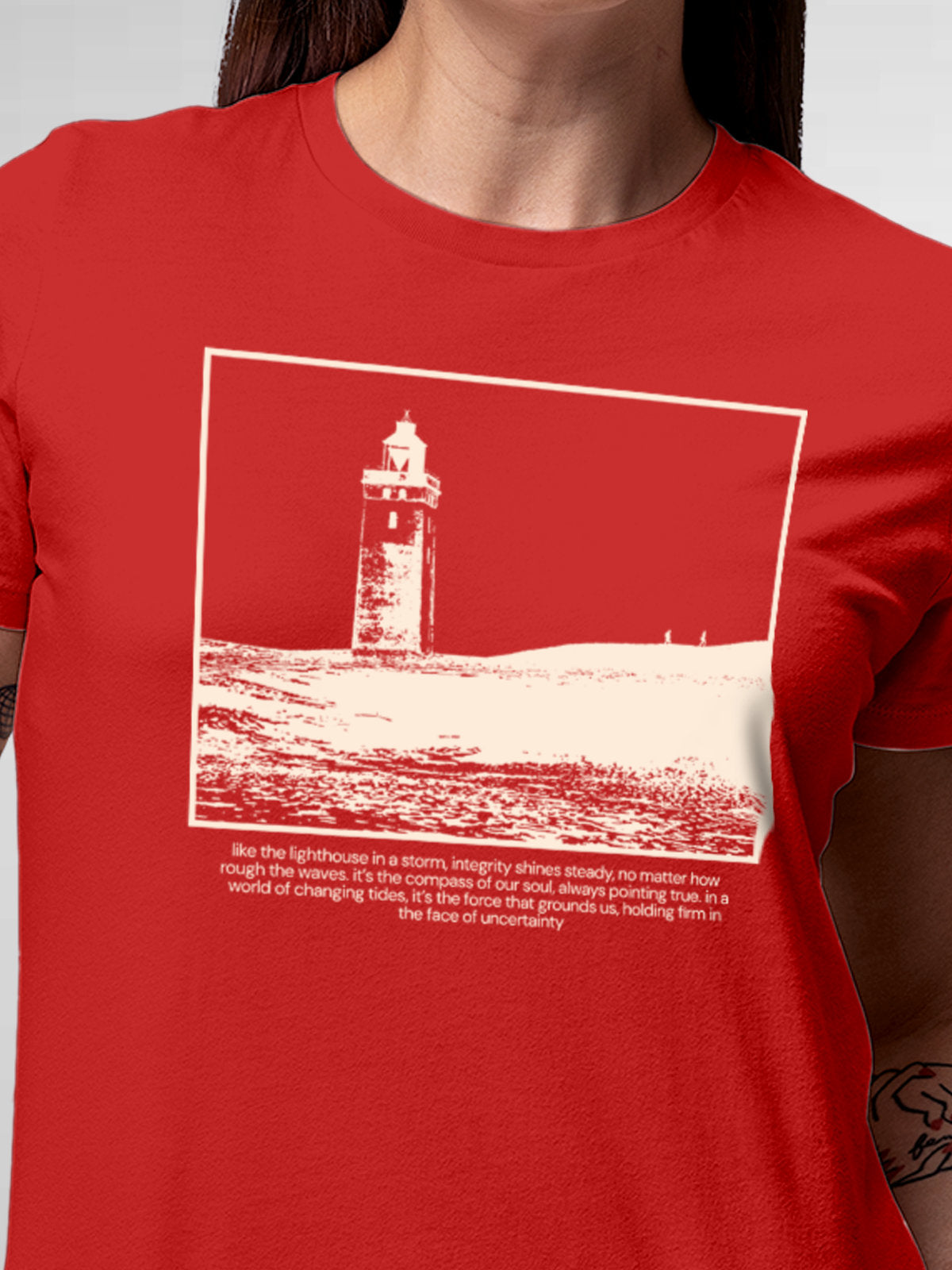 Close up of 'Show The Way' design on Women's Red Round Neck T-shirt, highlighting intricate details and vibrant print.