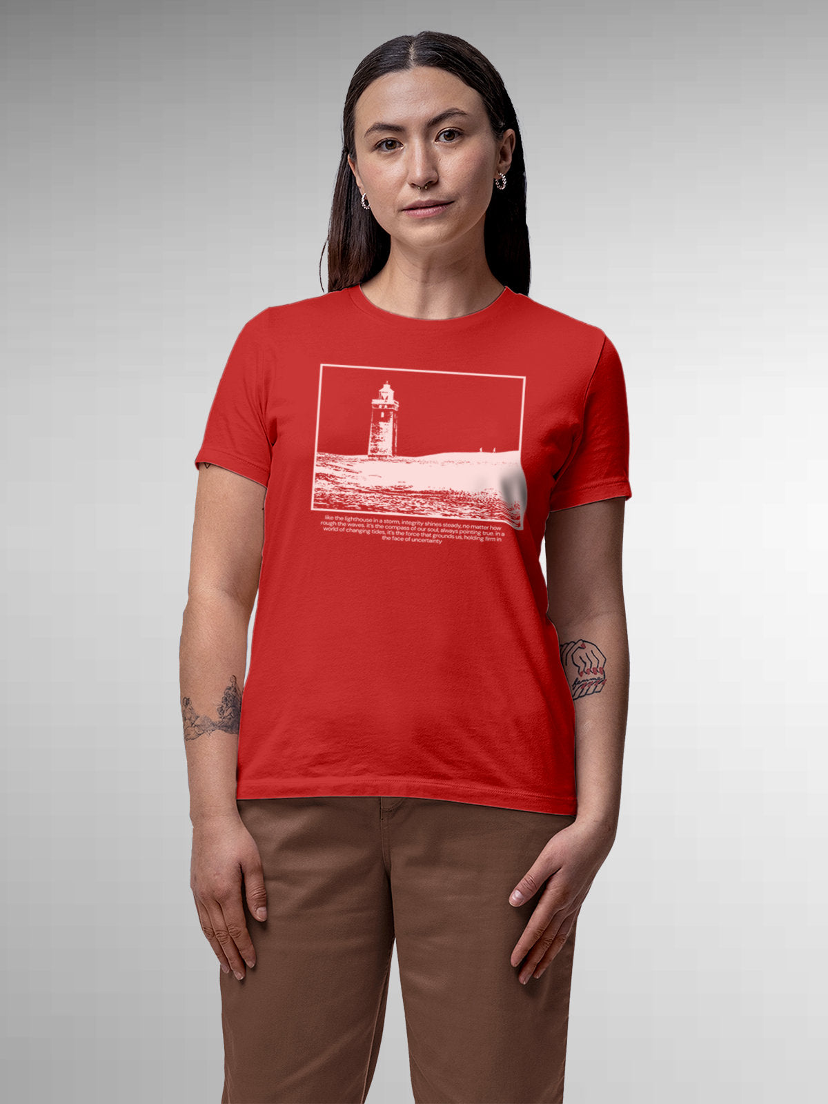Model wearing Women's Red Round Neck T-shirt with 'Show The Way' design, offering effortless style and premium comfort