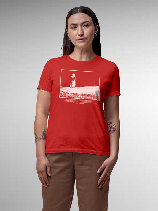 Model wearing Women's Red Round Neck T-shirt with 'Show The Way' design, offering effortless style and premium comfort