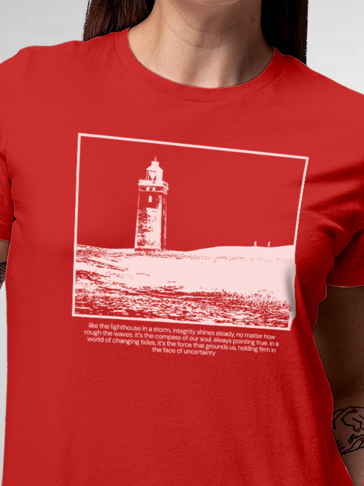 Close up of 'Show The Way' design on Women's Red Round Neck T-shirt, highlighting intricate details and vibrant print.