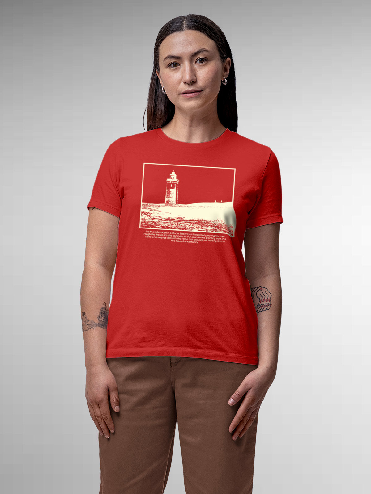 Model wearing Women's Red Round Neck T-shirt with 'Show The Way' design, offering effortless style and premium comfort