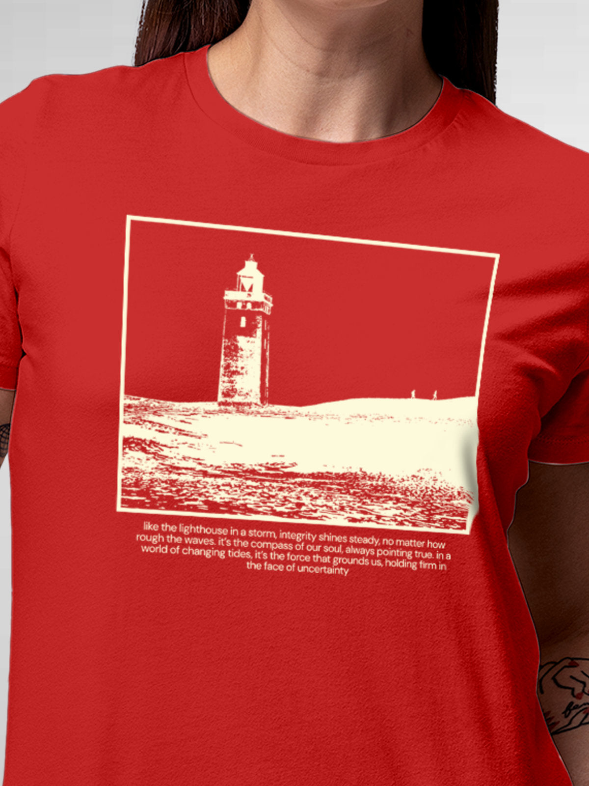 Close up of 'Show The Way' design on Women's Red Round Neck T-shirt, highlighting intricate details and vibrant print.