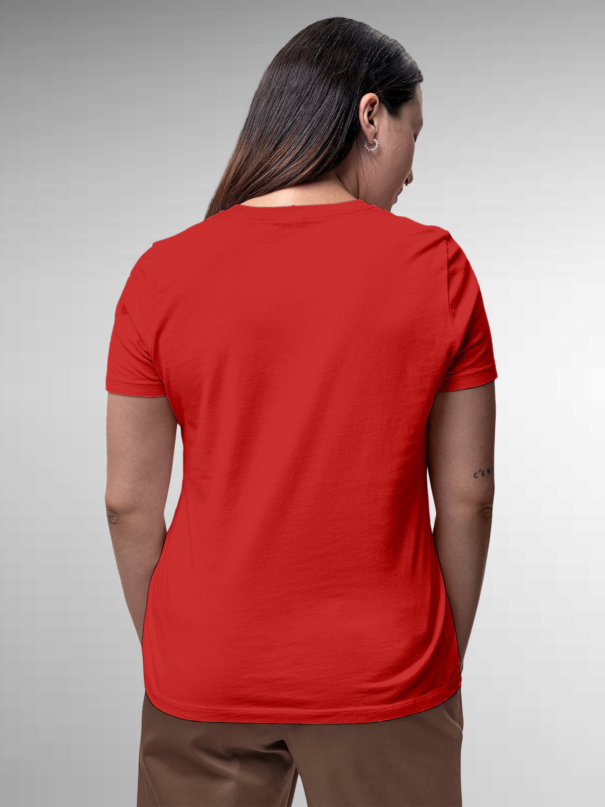 Back view of Fighterhero Women's Red Round Neck T-shirt, highlighting the modern look and clean finish