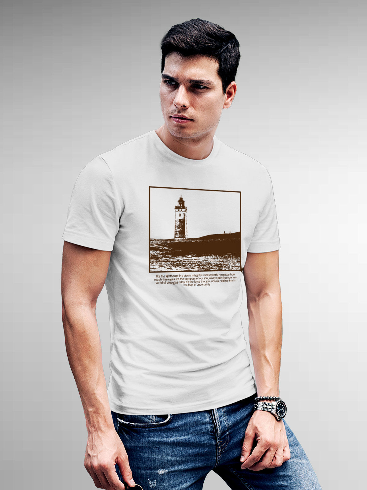Fighterhero T-shirts: Model wearing Men's White Round Neck T-shirt with 'Show The Way' design