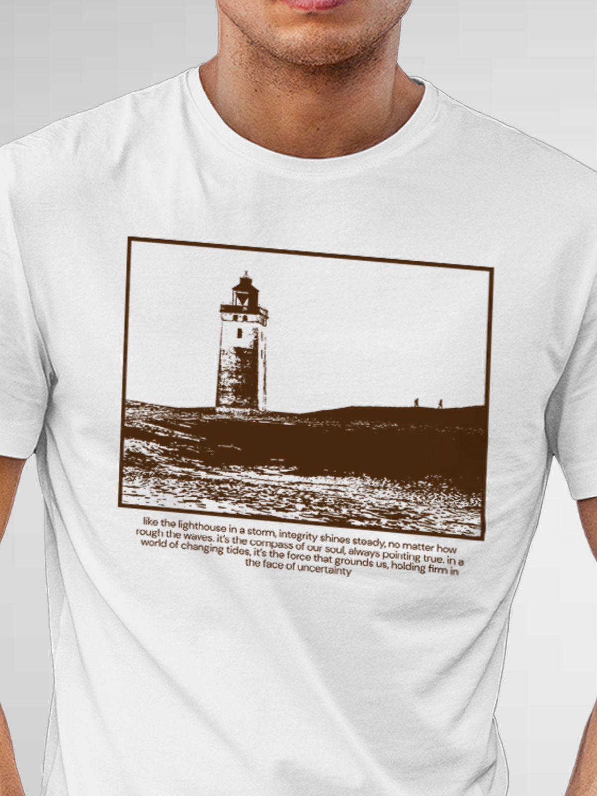 Close up of 'Show The Way' design on Men's White Round Neck T-shirt, highlighting intricate details and vibrant print.