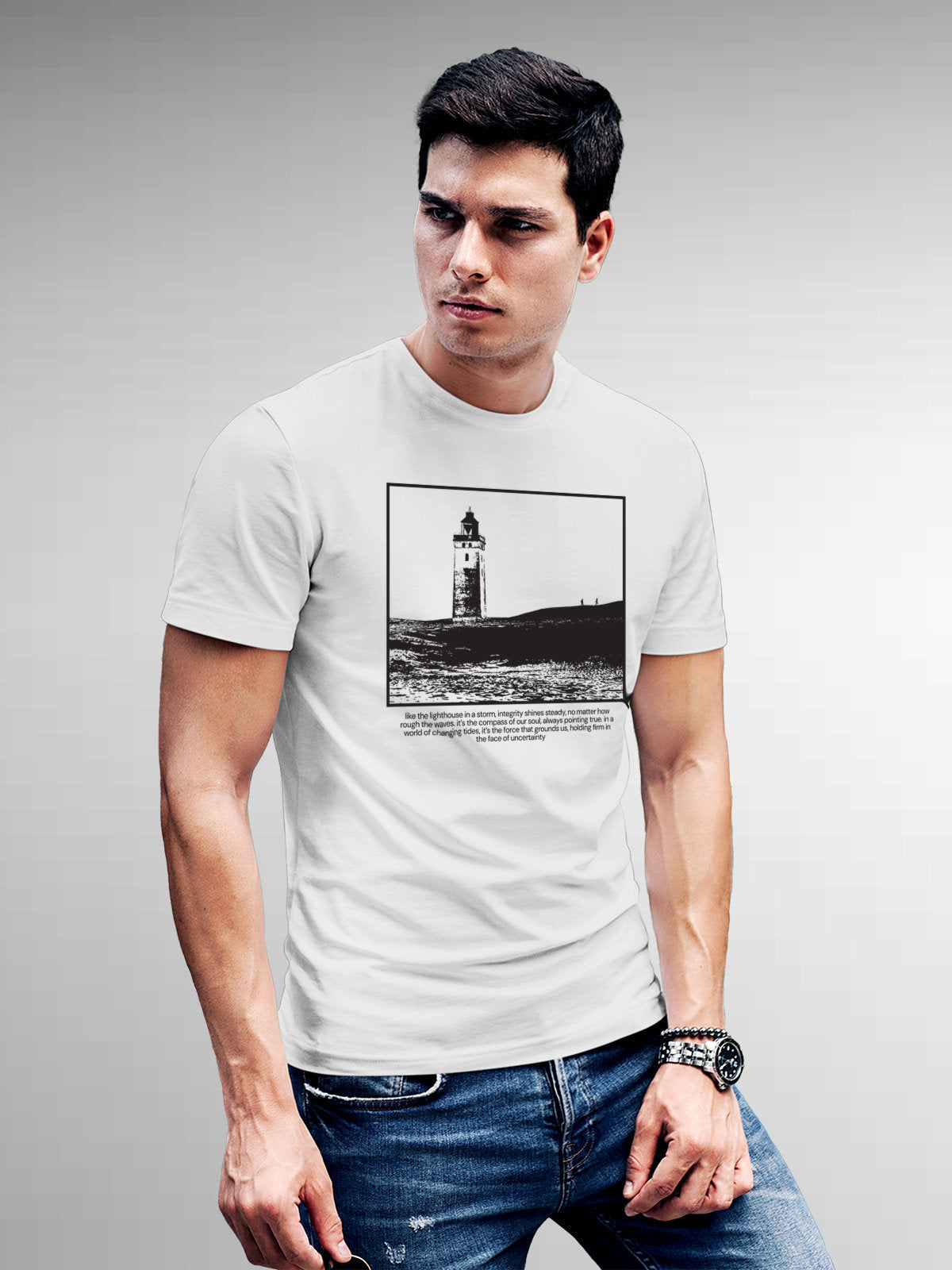Model wearing Men's White Round Neck T-shirt with 'Show The Way' design, offering effortless style and premium comfort