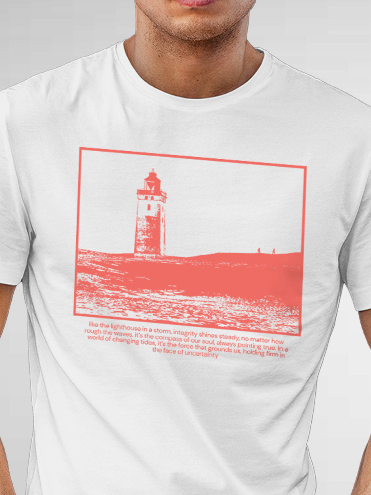 Close up of 'Show The Way' design on Men's White Round Neck T-shirt, highlighting intricate details and vibrant print.