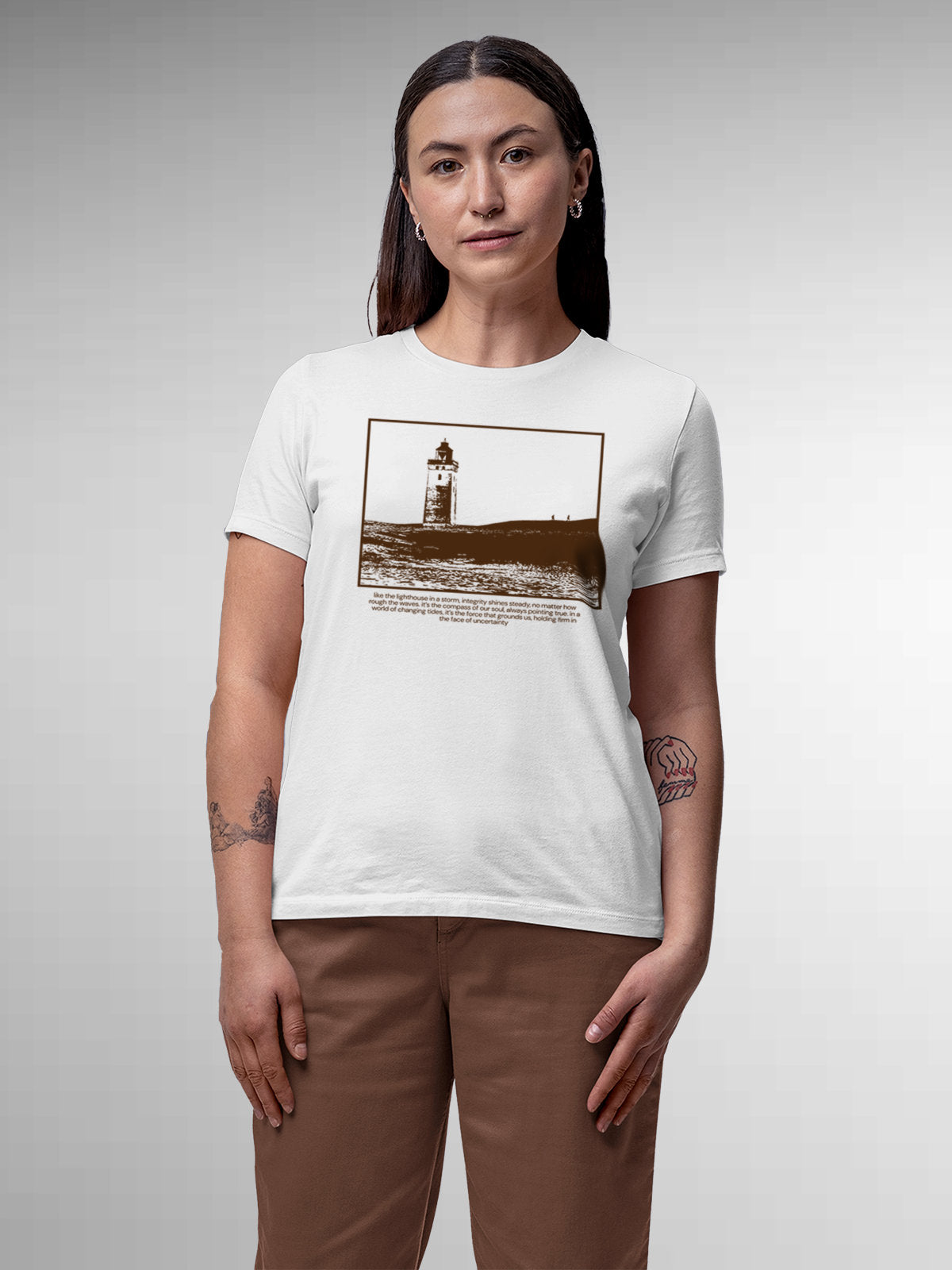 Fighterhero T-shirts: Model wearing Women's White Round Neck T-shirt with 'Show The Way' design
