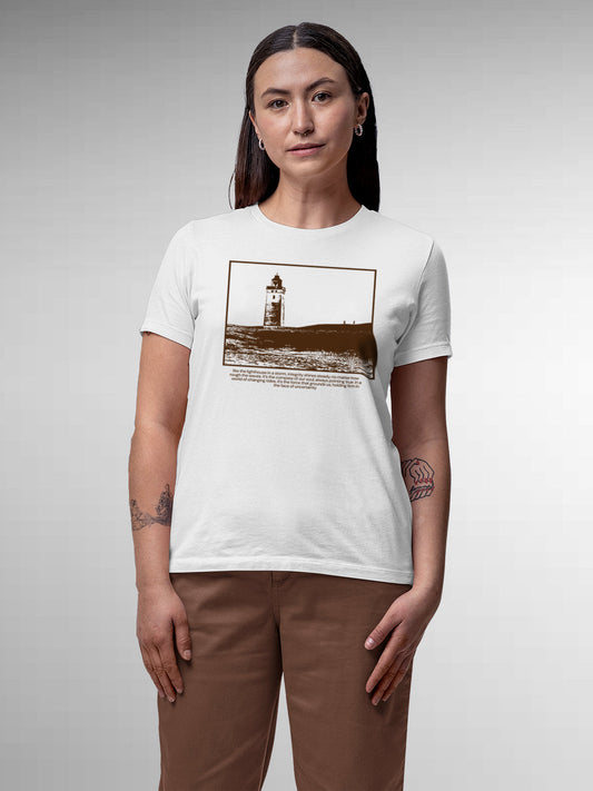 Fighterhero T-shirts: Model wearing Women's White Round Neck T-shirt with 'Show The Way' design