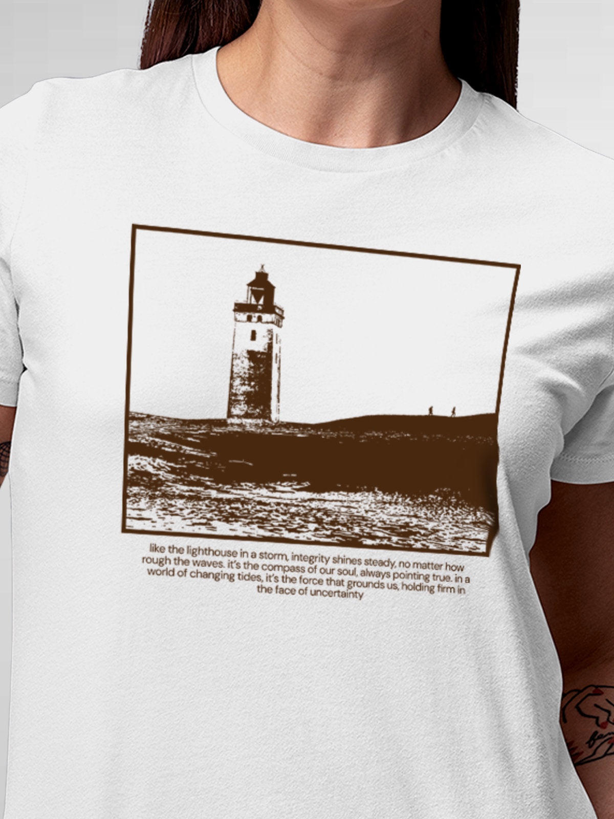 Close up of 'Show The Way' design on Women's White Round Neck T-shirt, highlighting intricate details and vibrant print.