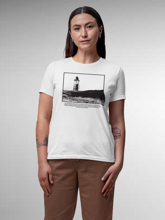 Model wearing Women's White Round Neck T-shirt with 'Show The Way' design, offering effortless style and premium comfort