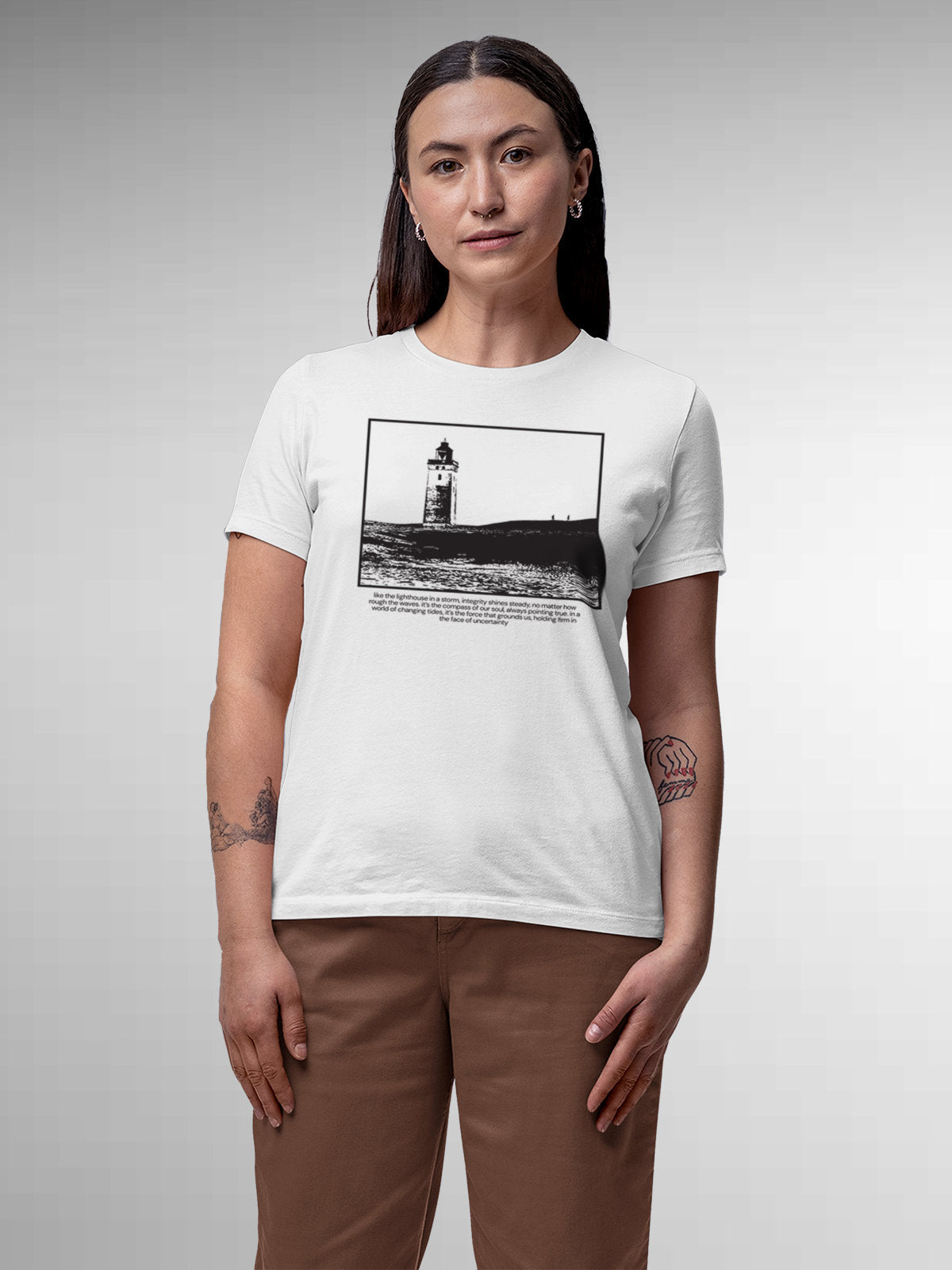 Model wearing Women's White Round Neck T-shirt with 'Show The Way' design, offering effortless style and premium comfort