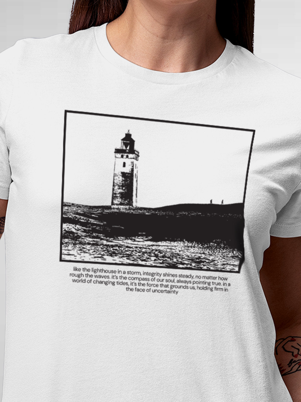 Close up of 'Show The Way' design on Women's White Round Neck T-shirt, highlighting intricate details and vibrant print.