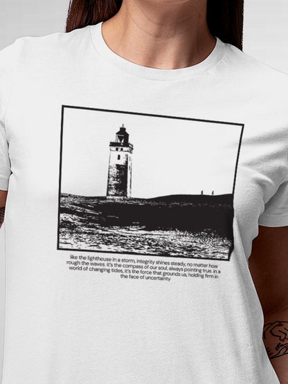 Close up of 'Show The Way' design on Women's White Round Neck T-shirt, highlighting intricate details and vibrant print.