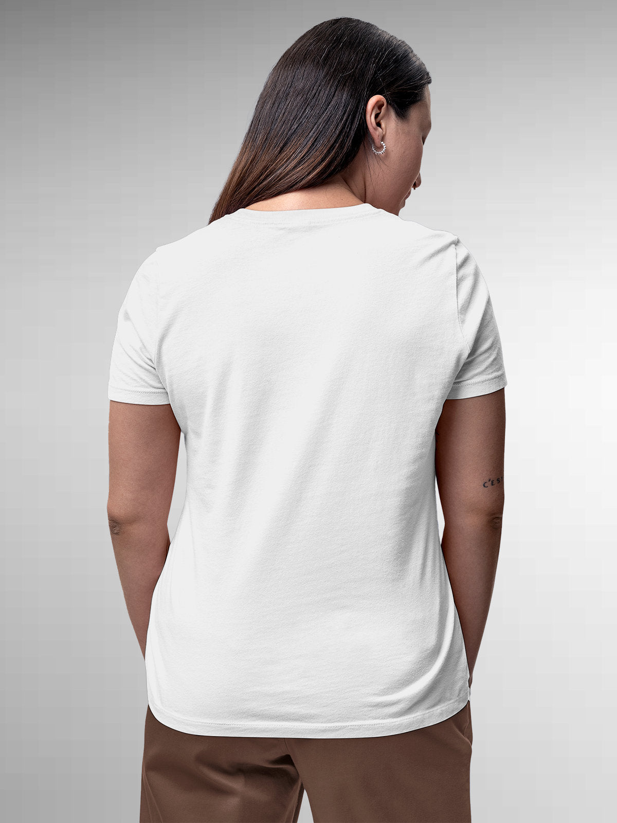 Back view of Fighterhero Women's White Round Neck T-shirt, highlighting the modern look and clean finish
