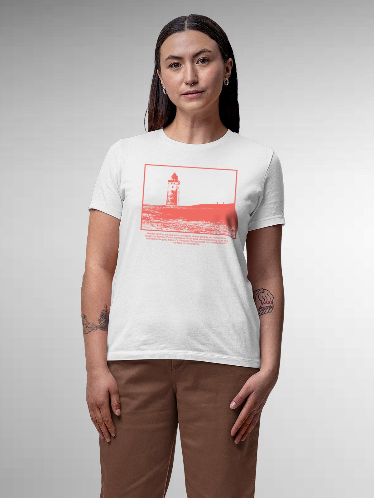 Model wearing Women's White Round Neck T-shirt with 'Show The Way' design, offering effortless style and premium comfort