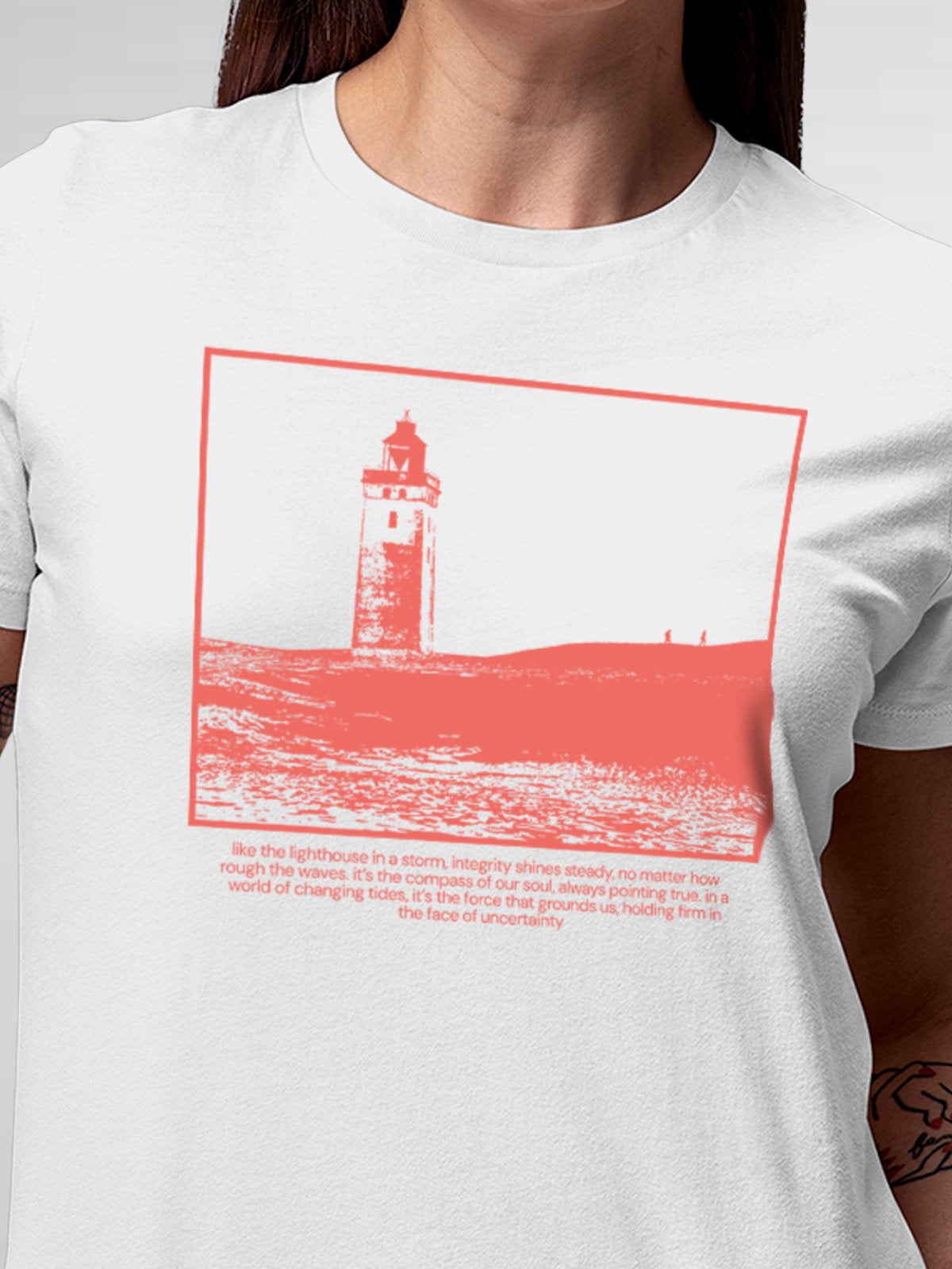 Close up of 'Show The Way' design on Women's White Round Neck T-shirt, highlighting intricate details and vibrant print.
