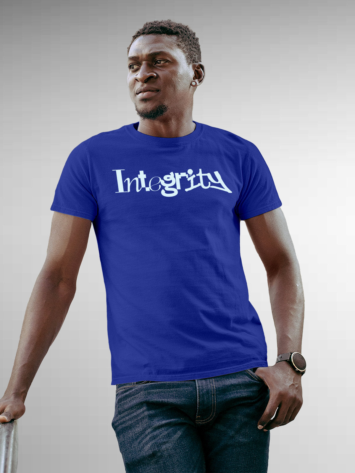 Fighterhero T-shirts: Model wearing Men's Blue Round Neck T-shirt with 'Integrity' design